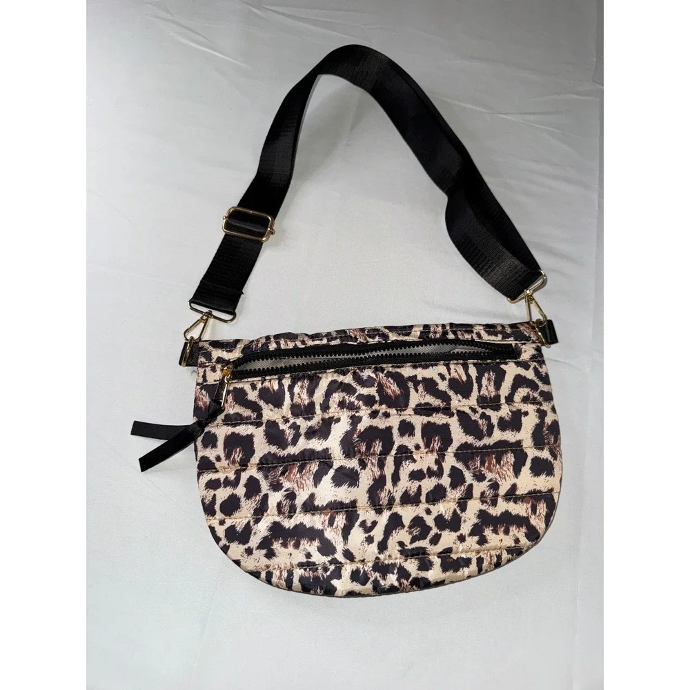 Leopard Print Puffer Crossbody Bag Quilted Lightweight Shoulder Purse Adjustable